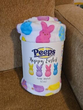 Peeps Plush Easter Throw Blanket - White with Pink, Blue, Yellow Bunnies
